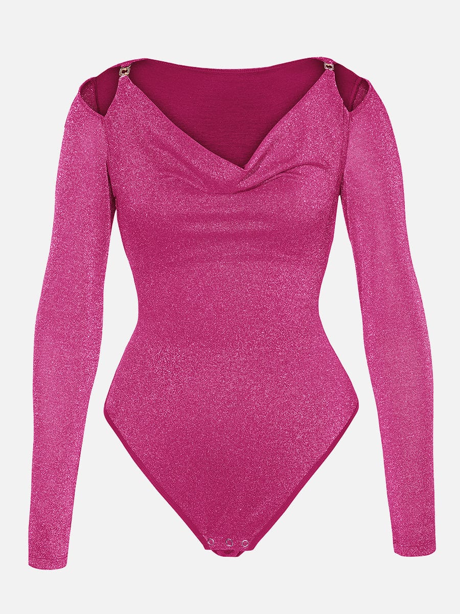 Shiny Draped Neck All In One Shapewear Bodysuit with Built In Bra and Thong Snap Crotch