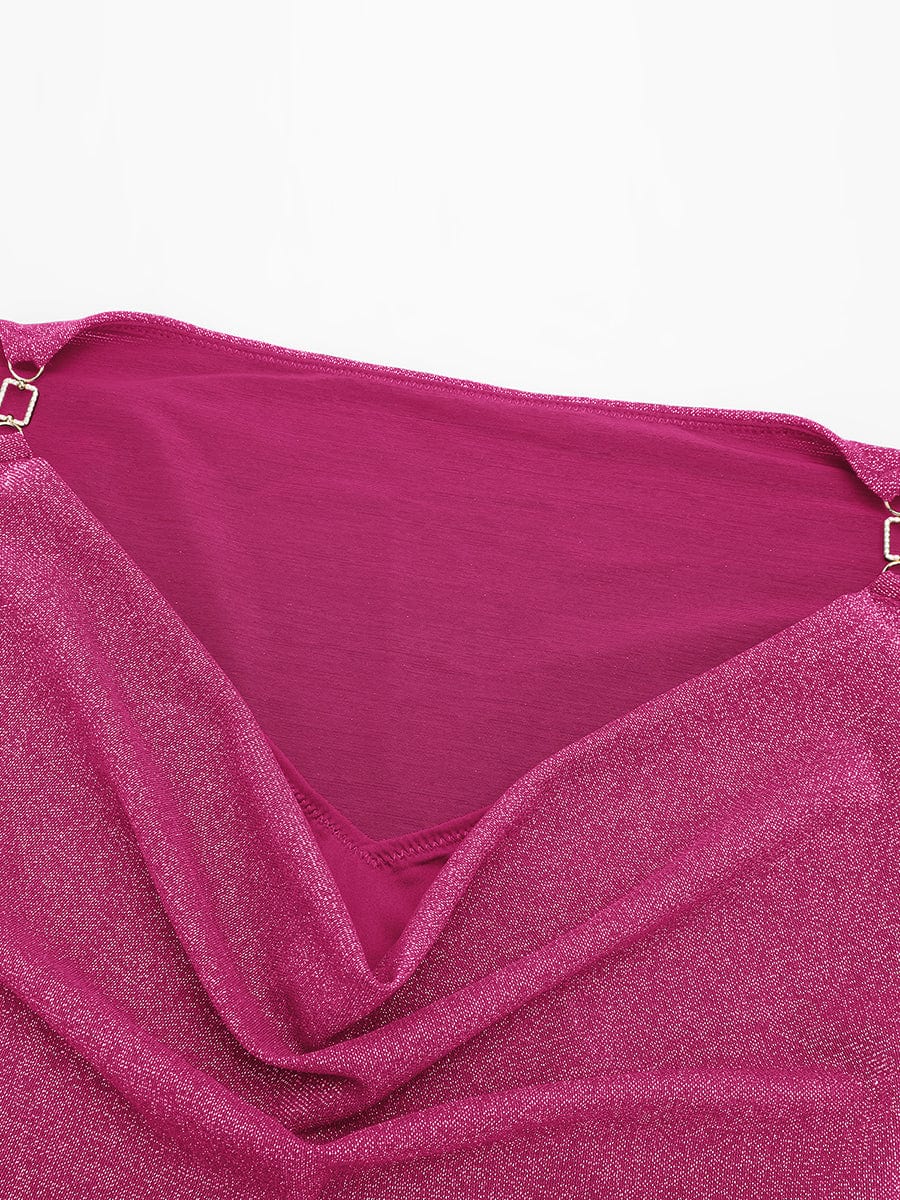 Shiny Draped Neck All In One Shapewear Bodysuit with Built In Bra and Thong Snap Crotch